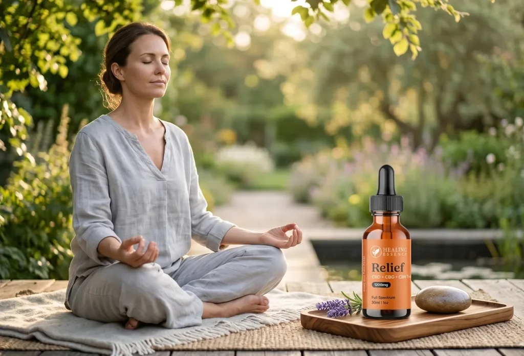 Woman meditating peacefully outdoors with Healing Essence CBD tincture for stress and anxiety relief
